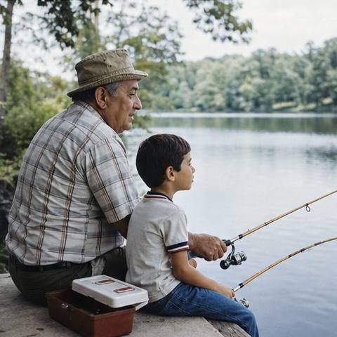 A grandfather and his grandson fishing at the edge of a lake