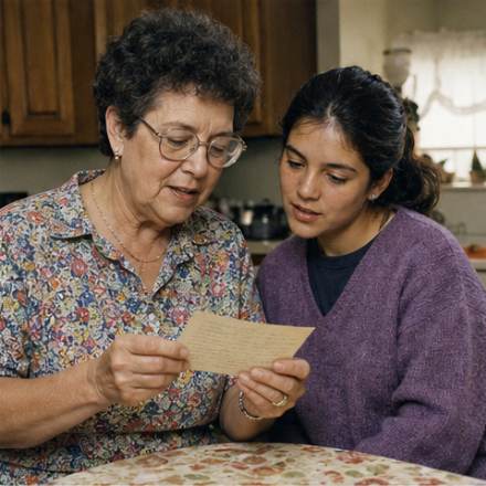 A grandmother reading a handwritten card aloud to her granddaughter